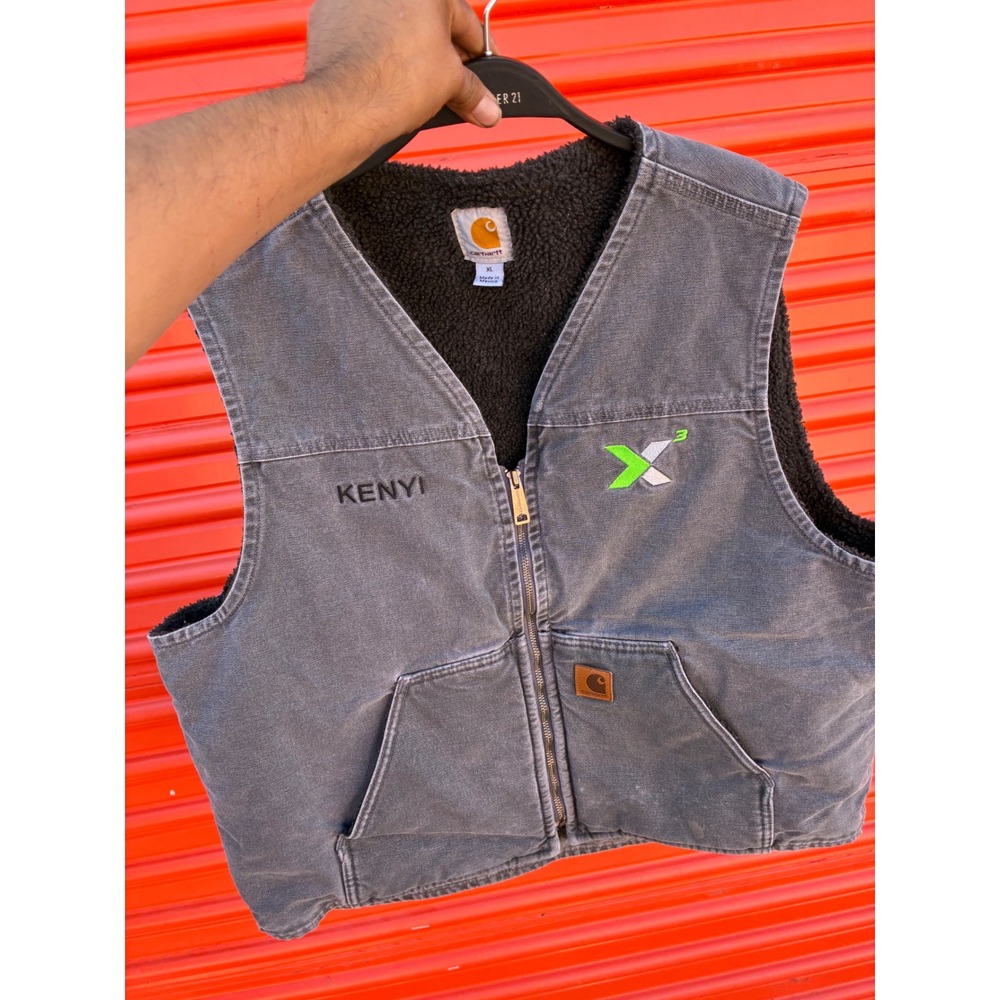 Carhartt Sherpa Lined Duck Vest Mens XL Faded Black Canvas Workwear V-Neck Zip